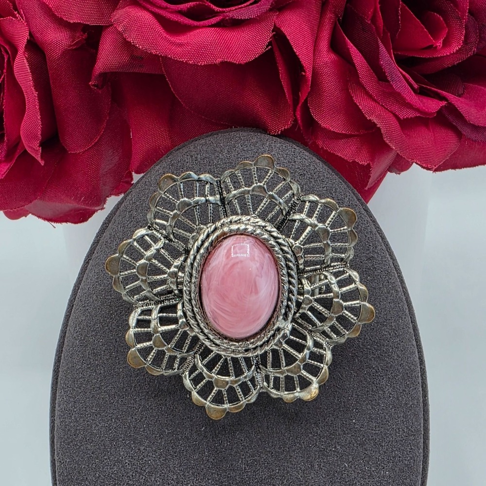 Vintage Filigree Flower Brooch Pink Cabochon Gemstone Estate Coquette‎ Delicate